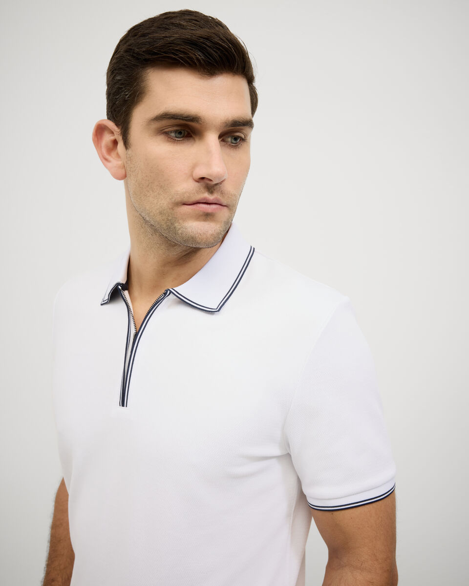Textured Zip Collar Polo, White, hi-res